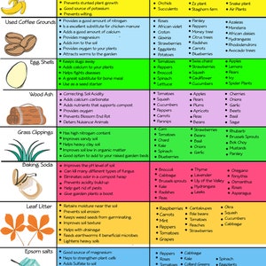 Peut inclure: Un tableau coloré avec un fond vert, jaune, rose et rouge. Le tableau liste différents types d'engrais gratuits, leurs avantages et les plantes pour lesquelles ils sont les mieux adaptés. Le tableau comprend les pelures de banane, le marc de café usagé, les coquilles d'œufs, la cendre de bois, les tontes de gazon, le bicarbonate de soude, la litière de feuilles et les sels d'Epsom.