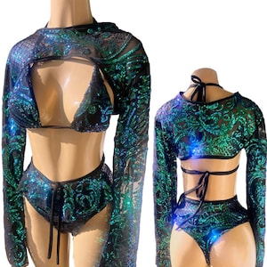 Sequin rave two piece festival wear with tie skirt ravewear festival outfit long sleeve rave fit