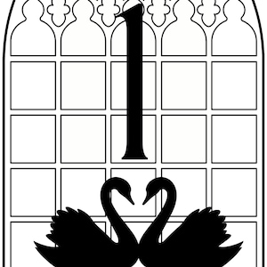 May include: Black and white illustration of a gothic window design. The image features a large black number "1" in the center, with two swans forming a heart shape at the bottom. The top of the window has a decorative floral pattern.