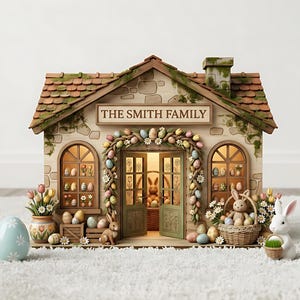 Può includere: Un negozio in miniatura a tema pasquale con l'insegna "THE SMITH FAMILY". Il negozio presenta una facciata in pietra, un tetto coperto di muschio ed è decorato con uova di Pasqua, fiori e statuette di coniglietti. Un uovo di Pasqua azzurro è in primo piano.