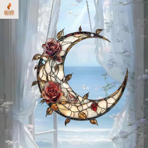 Suspension en croissant de lune et roses - Décoration florale céleste romantique pour un cadeau d'Halloween unique, bohème, magique et fait main