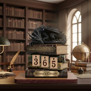 May include: A black dragon figurine rests atop a stack of books. The books have labels that read "Books Read This Year", "365", and "Emma's Library". The scene is set in a library with bookshelves and a globe in the background.