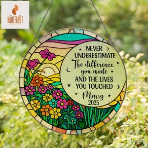 Personalized Retirement Stained Glass Suncatcher – Floral Window Hanging Gift – Custom Retirement Keepsake for Coworker or Friend