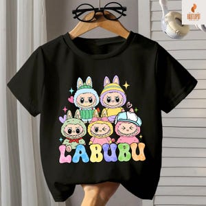 Słodka koszulka dla dzieci Lafufu, słodka koszulka z kreskówkowymi lalkami, koszulka z postaciami Kawaii Lafufu, kolorowa koszulka w stylu anime Chibi, prezent dla dzieci