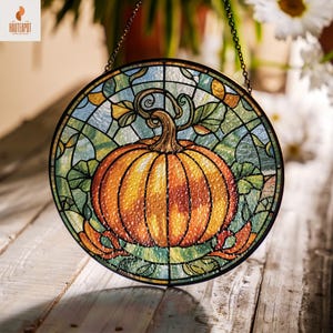 Autumn Pumpkin Suncatcher – Stained Glass Fall Decor for Windows, Cozy Harvest Window Hanging, Halloween Sun Catcher Ornament