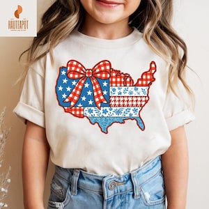Retro Amerika USA Map Shirt, Cotteque Bow USA Karte Kinder Shirt, Bibel Vers Design, 4. Juli T-Shirt, USA Flagge, amerikanisches Mädchen, amerikanisches Hemd