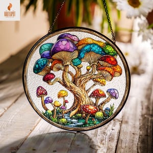 Sunset Mushroom Suncatcher, Mushrooms for Home Decoration, Window Stained Glass Style, Plant Suncatcher, Window Hanging Art Decor
