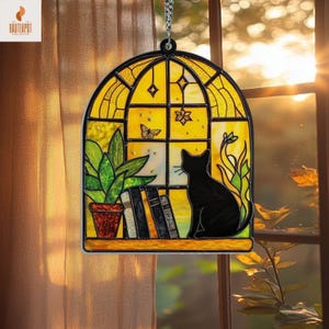 Black Cat And Book ACRYLIC Suncatcher, Book Lover Gift, Book Club Gift,Book Reader Gifts,Book Suncatcher,Book Window Hanging, Librarian Gift