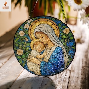Virgin Mary Stained Glass Suncatcher, Baby Jesus Window Decoration, Christian Wall Art, Religious Suncatcher, Catholic Window Hanging