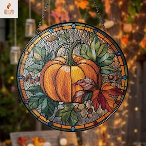 Autumn Pumpkin Stained Glass Suncatcher Fall Decor for Windows, Cozy Harvest Window Hanging, Halloween Sun Catcher Ornament
