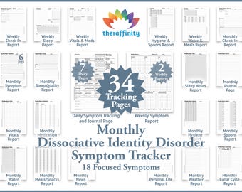 Puede incluir: Un conjunto de rastreadores de síntomas imprimibles para el trastorno de identidad disociativo. Las páginas incluyen informes semanales y mensuales para el sueño, la higiene, las comidas y más. El rastreador tiene 34 páginas y se enfoca en 18 síntomas.