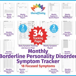 May include: A printable monthly tracker for borderline personality disorder symptoms. The tracker includes 34 pages with 18 focused symptoms, including daily symptom tracking, weekly reports, and monthly reports. The tracker is designed to help individuals manage their symptoms and track their progress.