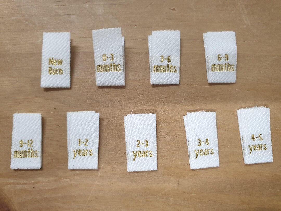 100 Gold Text White Children Kids Babies Clothing Garment Sizes Woven ...