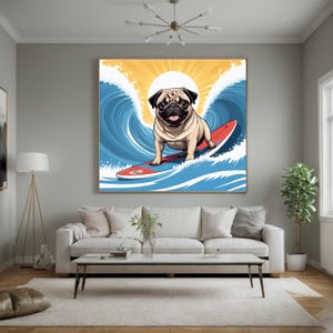 Funny Pug Wall Art, Cute Surfing Pug Print 600 DPI Digital File PNG, Home Decor Boho, Printable image of Pet Dog, High Quality 4094x3264 px