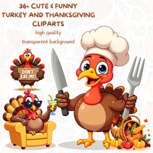 Clipart divertenti di tacchino - Pacchetto di biglietti di ringraziamento carini, set di immagini PNG per download digitale, oltre 36 pacchetti di grafiche autunnali e autunnali, Canva
