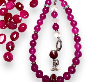 Keychain Phone Handbag Accessory Pink Jade Quartz Gemstone Wine Lovers Brighton Charms Gift for Friends and Wine Lovers