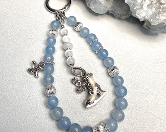 Blue Jade Keychain: Cat Eye Gemstone, Figure Skate Charm