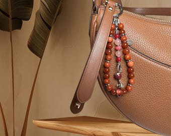 Keychain Red Jasper Carnelian and Quartz Gemstone Phone Handbag Accessory Wine Lovers Brighton Charms Gift for Friends and Wine Lovers