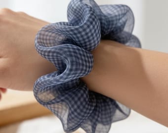 Blue Gingham Scrunchie Sheer Organza Hair Tie Voluminous Ponytail
