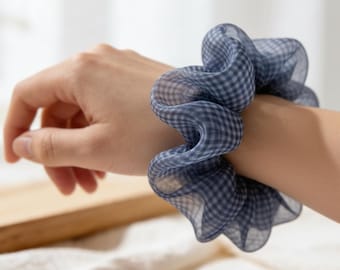 Blue Gingham Scrunchie Sheer Organza Hair Tie Voluminous Ponytail
