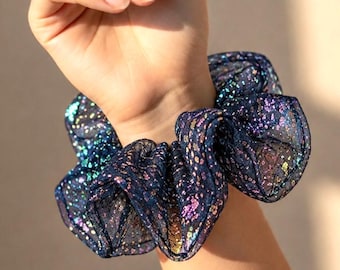 Oversized Navy Blue Organza Scrunchie | Sheer Iridescent Hair Tie | Puffy Glitter Scrunchie | Voluminous Ponytail Holder | 5.5 In
