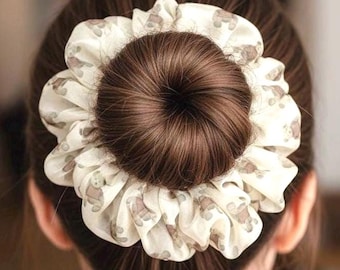 Oversized Teddy Bear Chiffon Scrunchie, Soft Airy Hair Tie