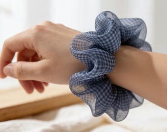 Blue Gingham Scrunchie Sheer Organza Hair Tie Voluminous Ponytail