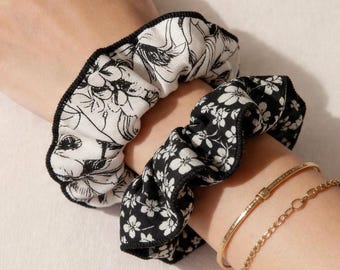 Black & White Matte Satin Scrunchie Set, Floral Hair Ties