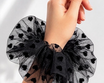 Black Heart Tulle Scrunchie | Velvet Heart Hair Tie, 3 Sizes Available