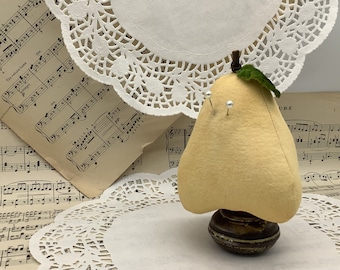 Yellow Pear Pincushion-Hand Made Pear Pin Cushion-Folk Art-Sewing Collectible-Gift for Fiber Artist-Gift for Sewing Friend-Sewing Accessory