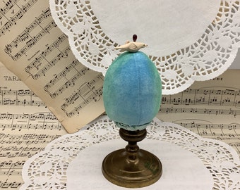 Hand Dyed Pin Cushion-Clay Bird on an Egg-Folk Art Pinkeep-OOAK Hand Made Egg--Sewing Collectible-Gift for a Quilter-Gift for a Sewing Buddy