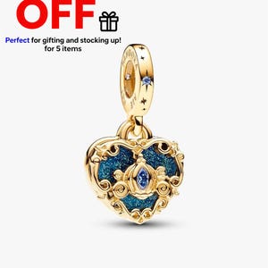 Pandora Pendant, Disney Cinderella Carriage with Heart Double Dangle Pendant, Gold-Plated Blue Enamel Pendant, Disney Princess Jewelry