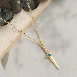 Custom Sword Birthstone Necklace | Rose Gold / Gold / Silver Personalized Pendant with Monthly Birthstones | DIY Collar Chain Jewelry Gift