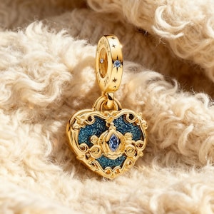 Pandora Pendant, Disney Cinderella Carriage with Heart Double Dangle Pendant, Gold-Plated Blue Enamel Pendant, Disney Princess Jewelry