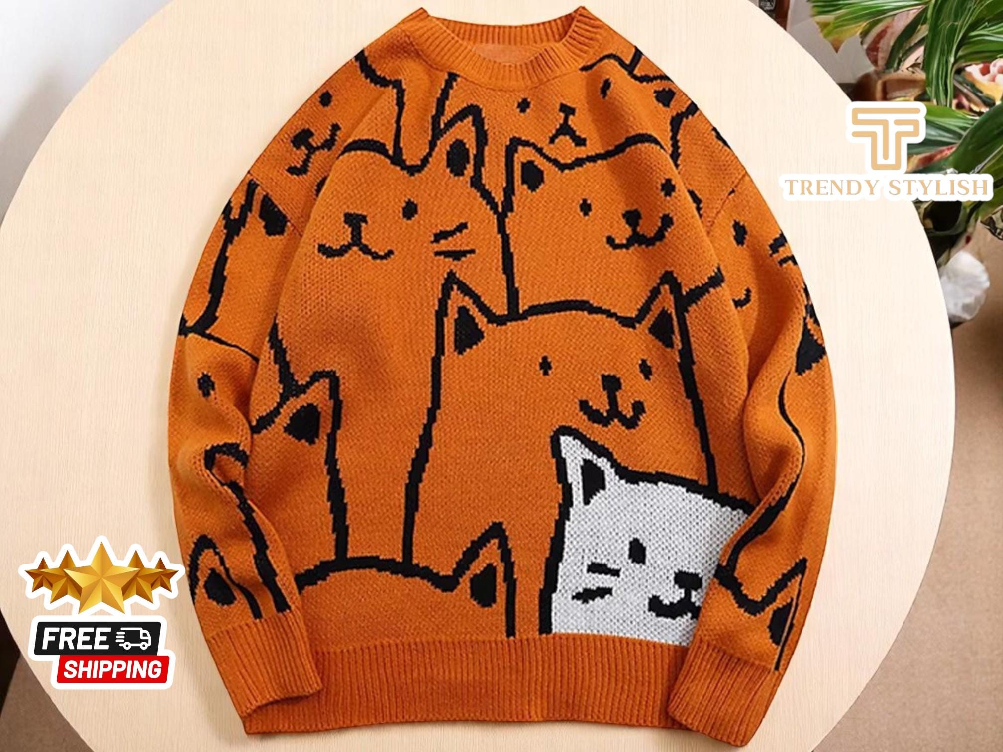 Cartoon Cat Print Black Sweater main image 0
