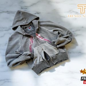 Męska bluza z kapturem w stylu gotyckim | Kurtka z zamkiem błyskawicznym Acid Washed | Punkowy styl uliczny Y2K | Estetyczny strój hiphopowy | Przytulna, modna odzież wierzchnia