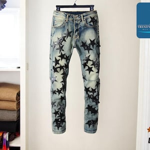 Men&#39;s Star Patch Jeans | Slim Fit Ripped Denim | Gothic Y2K Streetwear | Hip-Hop Casual Pants | Fashionable Gift for Him