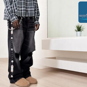 Men's Black Baggy Jeans | Y2K Streetwear Denim | Unisex Wide Leg Pants | Fashionable Grunge Hip Hop Style | Ripped Gothic Bottom