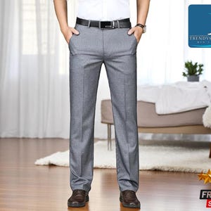 Men&#39;s Formal Suit Trousers | Classic Straight Fit Pants | Linen-Blend Office Wear | High Waist Dress Pants | Business Casual Outfit