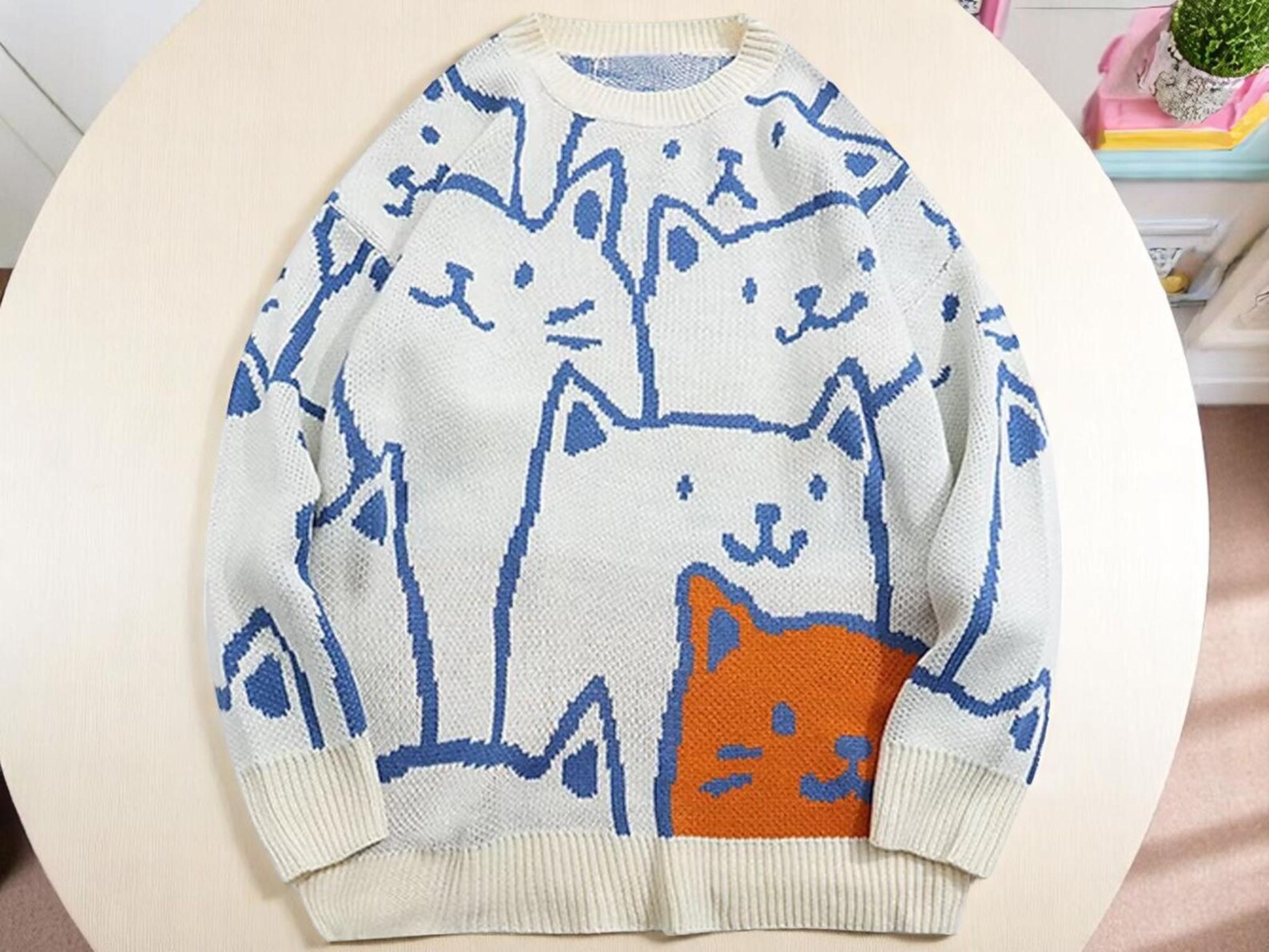 Cartoon Cat Print Black Sweater main image 1
