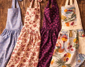 Leveransklart vintageförkläde i linne och bomull för kvinnor, handgjort blommigt trädgårdsförkläde, present till henne, trädgårdsförkläde med fickor i Cottagecore-stil