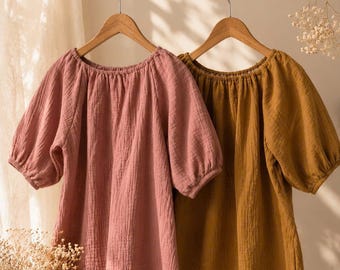 35+ Farben Musselin-Oberteil mit Puffärmeln, atmungsaktive Bio-Musselin-Bluse aus Baumwolle, atmungsaktives Crinkle-Baumwollhemd, minimalistisches Sommertop