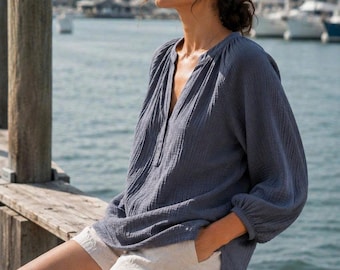 Top bohème en mousseline de coton et gaze pour femme, blouse en mousseline naturelle et biologique, chemise respirante en coton froissé, top d'été à manches longues, top en mousseline pour femme