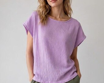 35+ Colors Double Gauze Muslin Short Sleeve Top, Natural Cotton Organic Muslin Blouse, Breathable Crinkle Cotton Shirt Minimalist Summer Top