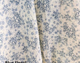 Blått blommigt krinklat dubbelt gasvävtyg, 100 % bomullsmuslin, mjukt och andningsbart sömnadsmaterial