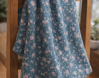 Krinklat dubbelt gasvävtyg, 100 % bomullsmuslin, mjukt bomullstyg, blommig bomull, mjukt och andningsbart, tyg som metervara, baby, klänning, sömnad