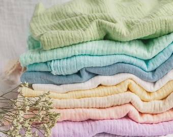 35+ färger muslin krusad dubbel gasväv, 100 % bomullsmuslin, mjukt bomullstyg som andas, 1/2 meter, babyklädestyg