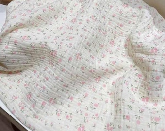 Rosa blommigt krusat dubbelt gasvävtyg, 100 % bomullsmuslin, mjukt och andningsbart sömnadsmaterial för babyn, muslintyg i metervara
