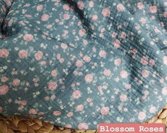 Krinklat dubbelt gasvävtyg, 100 % bomullsmuslin, mjukt bomullstyg, blommig bomull, mjukt och andningsbart, tyg som metervara, baby, klänning, sömnad
