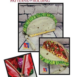 May include: A green and white fabric bag shaped like a taco with a ruffled edge. The bag has a zipper closure and a strap. The bag measures 9.5 inches wide by 6 inches tall by 4 inches deep. It has 2 exterior slip pockets, 1 interior zipper pocket, and 1 interior slip pocket with 4 card slots.